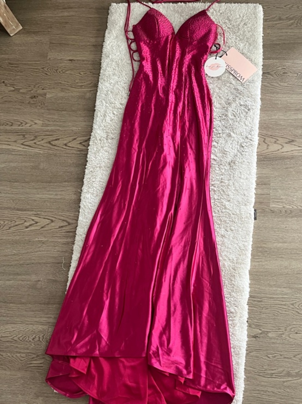 NWT KissProm  Satin fuschia prom dress with rhinestone detail. Size 0